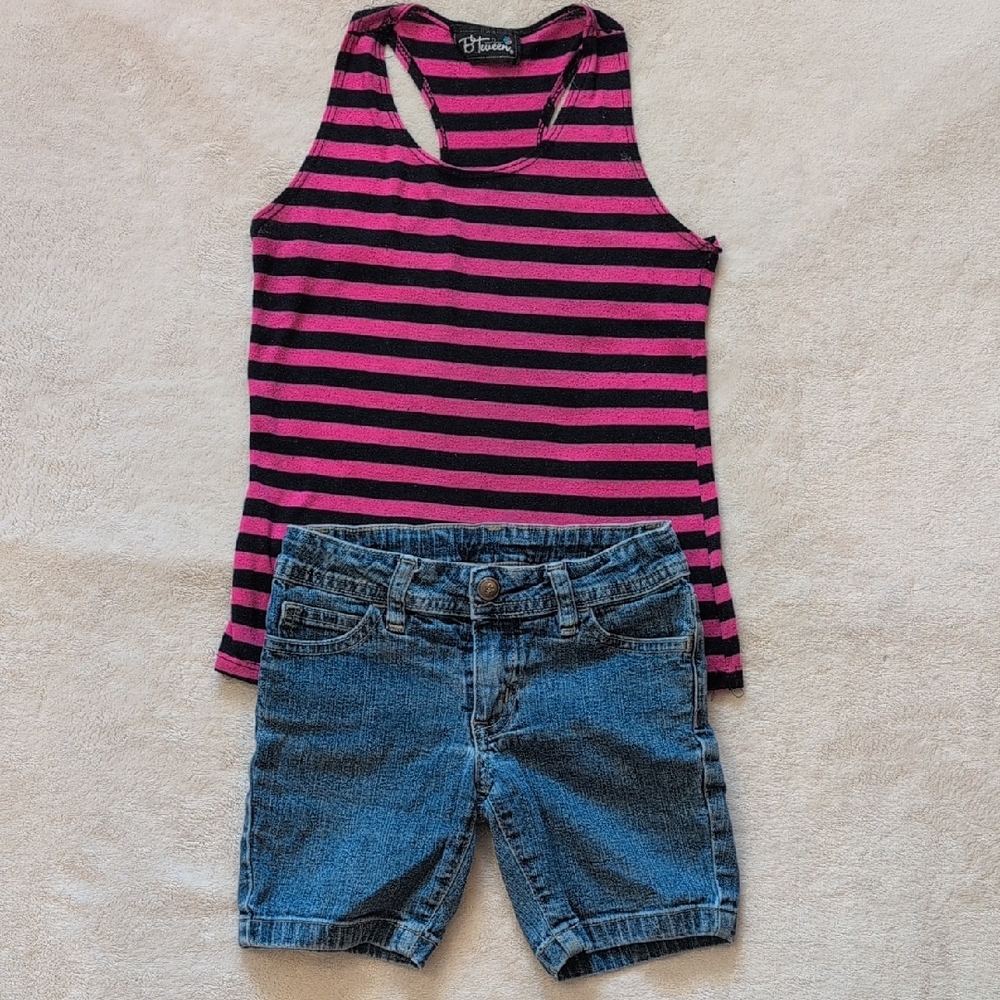 Girls Size 6 Faded Glory Light Wash Denim Shorts & Striped Tank